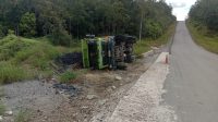 Truck bermuatan batu bara terbalik di jalan negara Kuala kurun Palangka raya